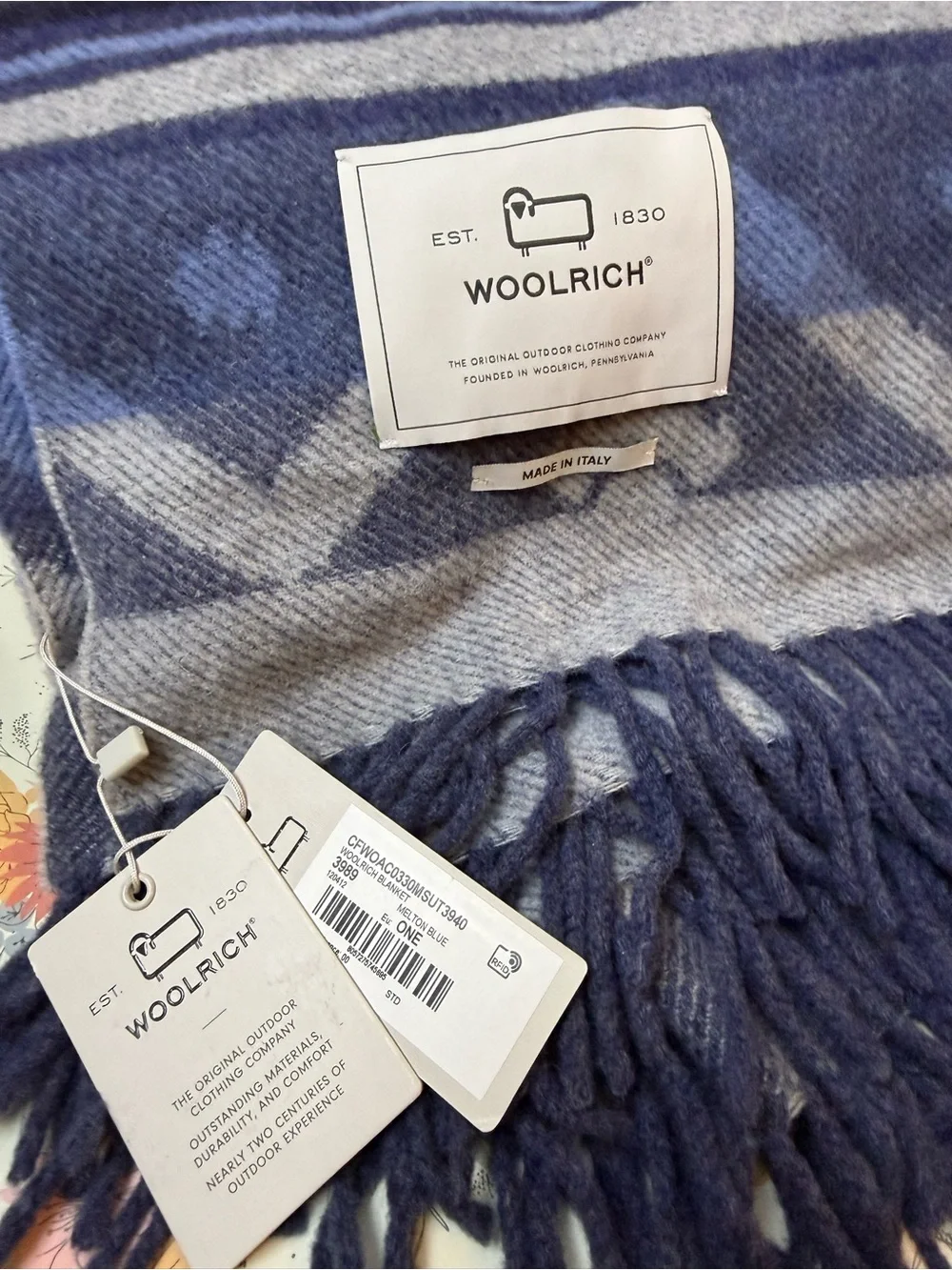 Woolrich Blue and Gray Geometric Wool Throw with Fringe